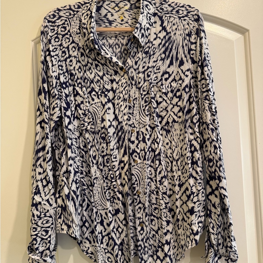 Lilly Pulitzer Navy and White Button Down Shirt with Notched Collar